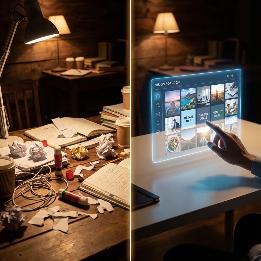 Comparison of traditional messy vision board vs sleek AI vision board